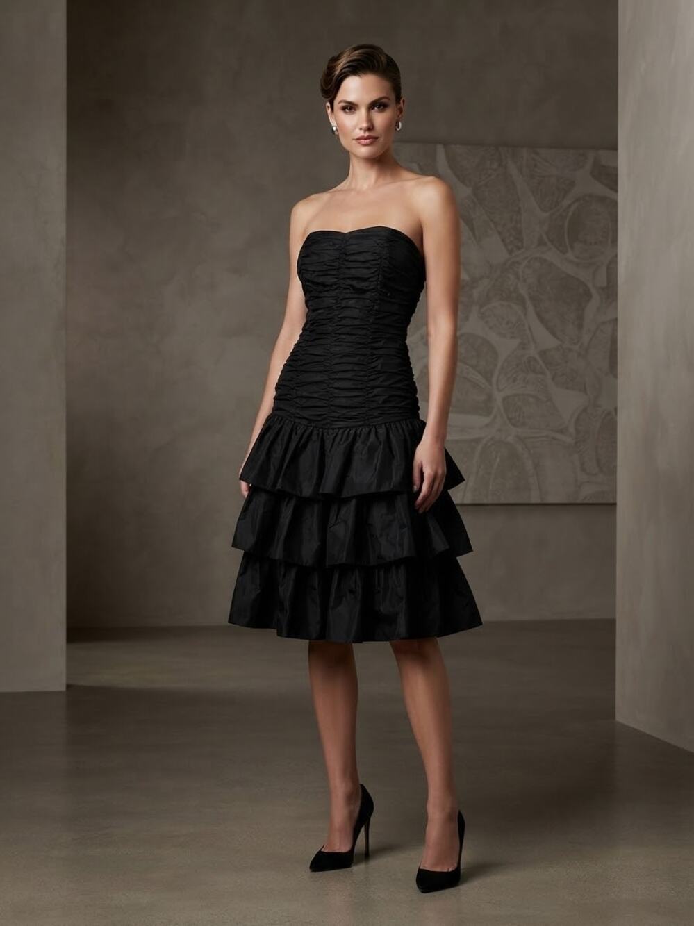 VTG 1980s Positively Ellyn Black Strapless Tiered Ruffle Cocktail Prom Dress Bow